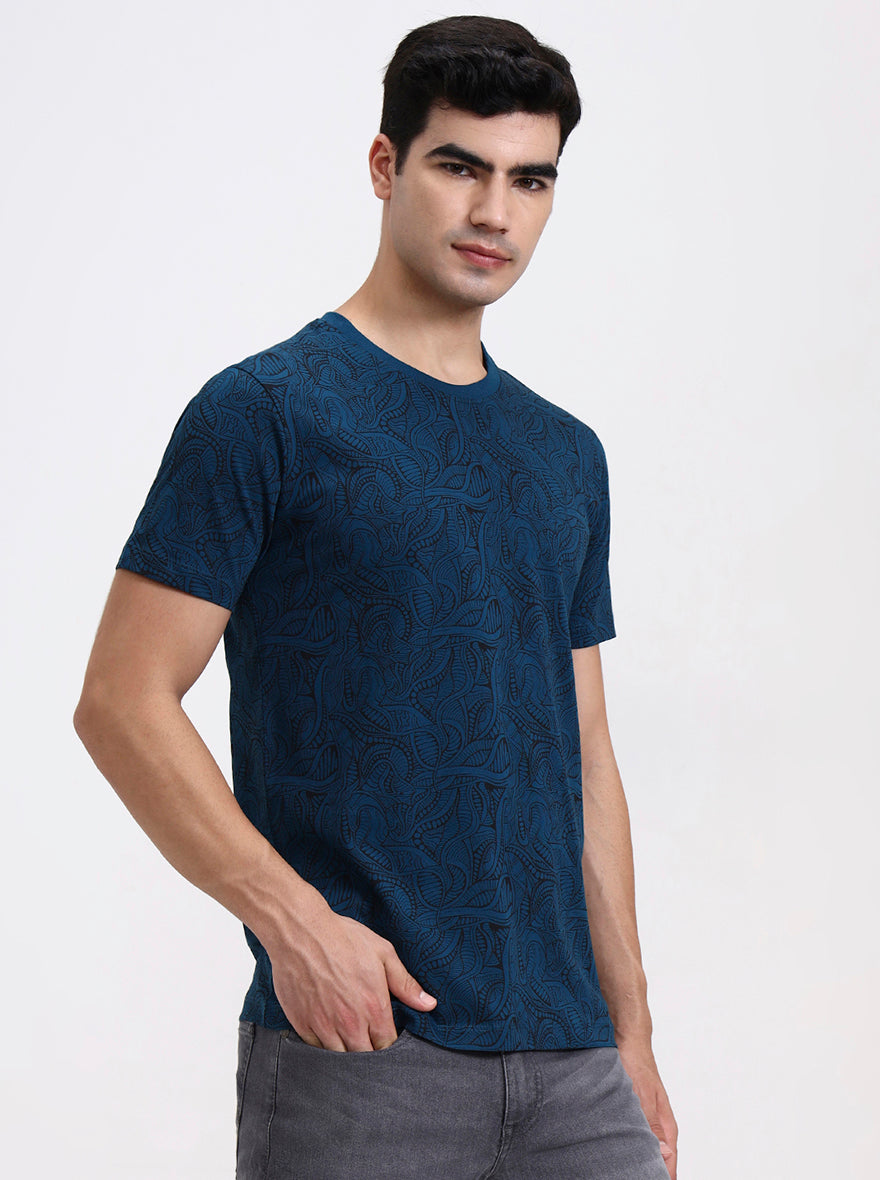 Teal Printed Slim Fit T-Shirt | Greenfibre