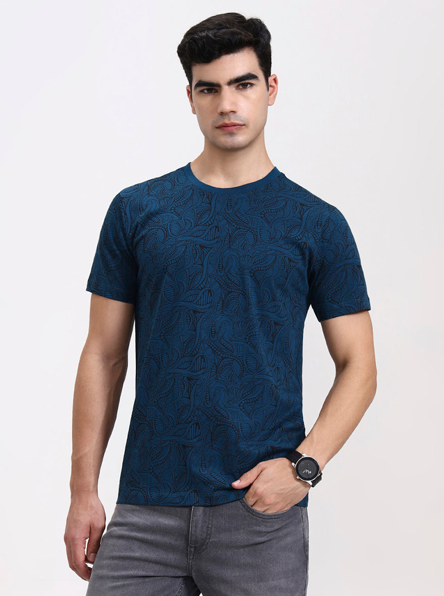 Teal Printed Slim Fit T-Shirt | Greenfibre