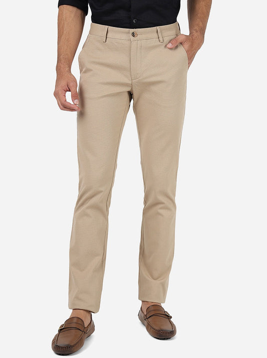 Cream Solid Super Slim Fit Casual Trouser | Greenfibre