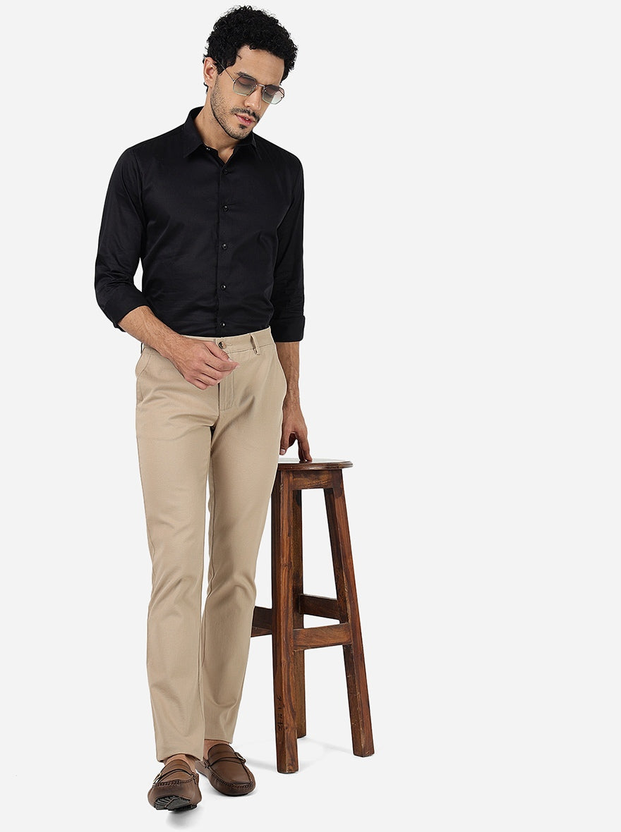 Cream Solid Super Slim Fit Casual Trouser | Greenfibre