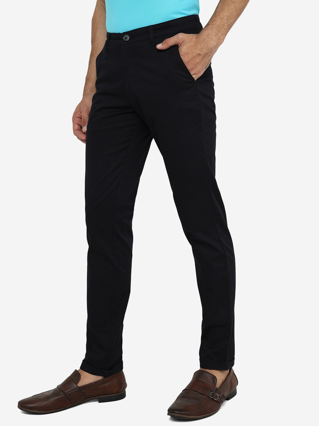 Black Solid Neo Fit Casual Trouser | Greenfibre