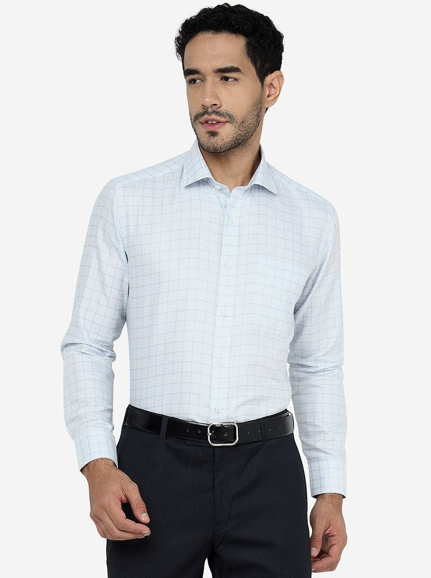 Sky Blue Checked Slim Fit Formal Shirt | Greenfibre