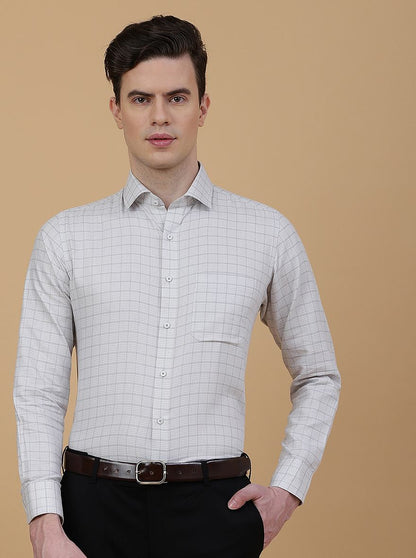 Light Grey Checked Slim Fit Formal Shirt | Greenfibre