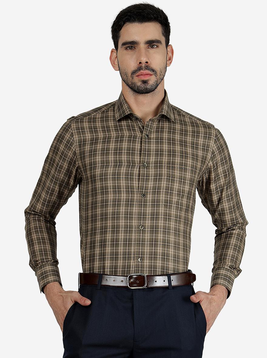 Beige Checked Slim Fit Formal Shirt | Greenfibre