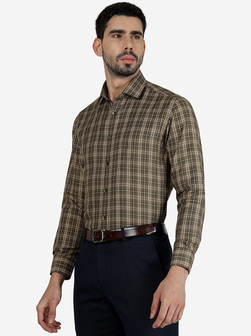 Beige Checked Slim Fit Formal Shirt | Greenfibre