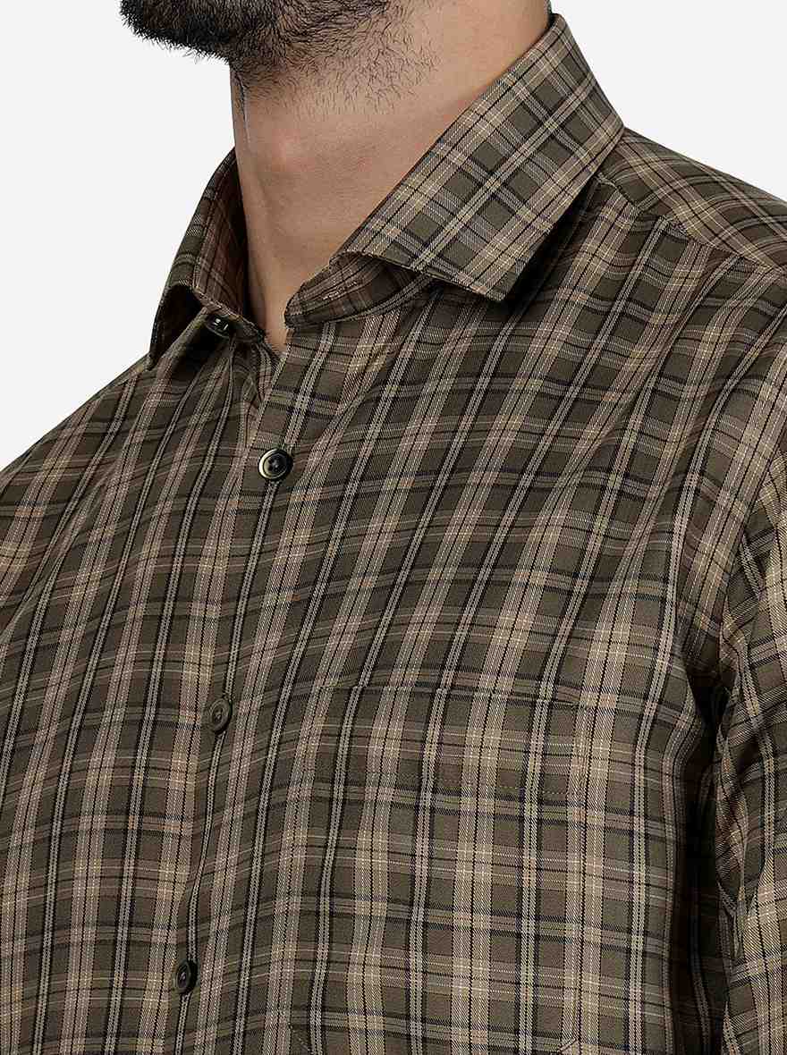 Beige Checked Slim Fit Formal Shirt | Greenfibre