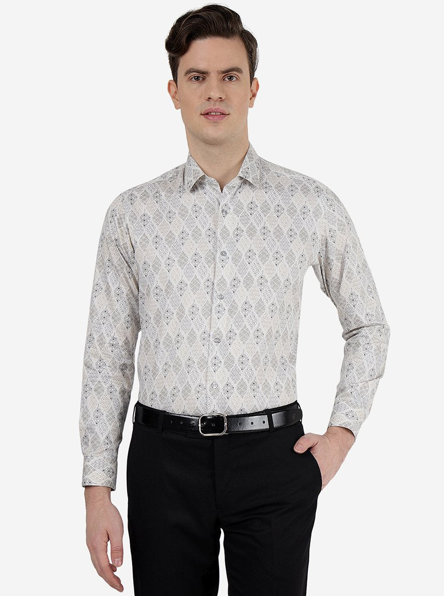 Cream Printed Slim Fit Party Wear Shirt | Greenfibre