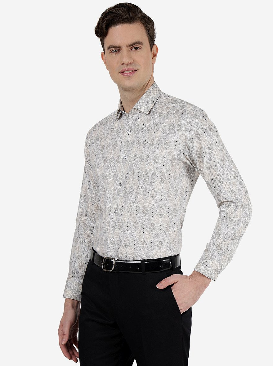 Cream Printed Slim Fit Party Wear Shirt | Greenfibre