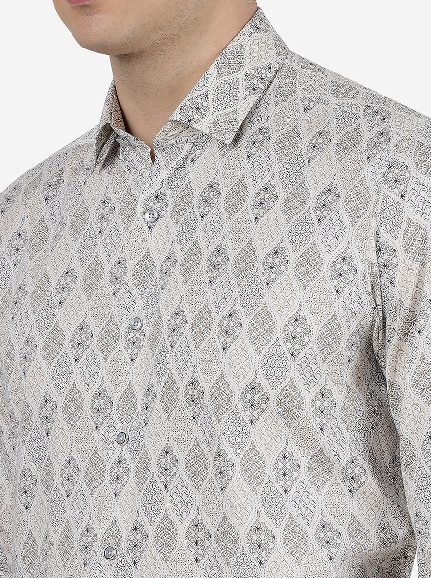 Cream Printed Slim Fit Party Wear Shirt | Greenfibre
