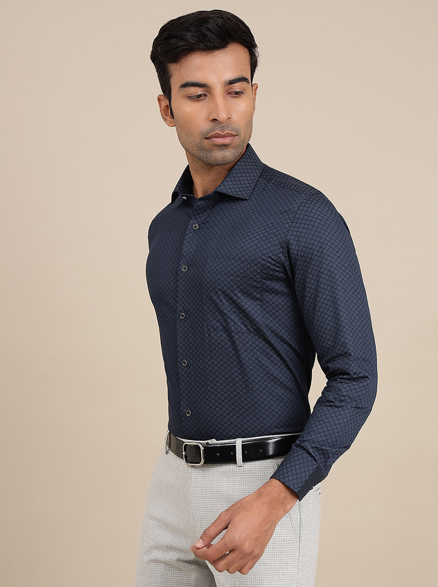 Navy Blue Printed Slim Fit Formal Shirt | Greenfibre