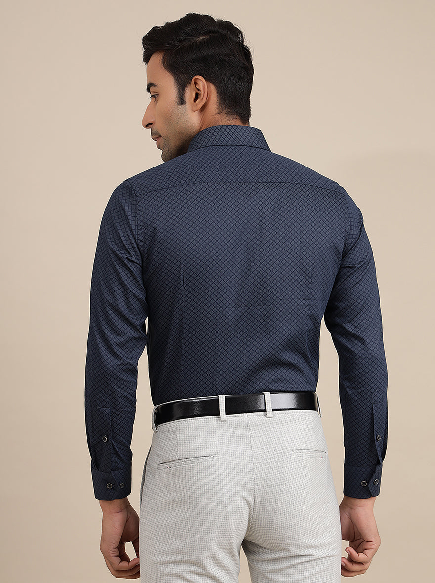 Navy Blue Printed Slim Fit Formal Shirt | Greenfibre