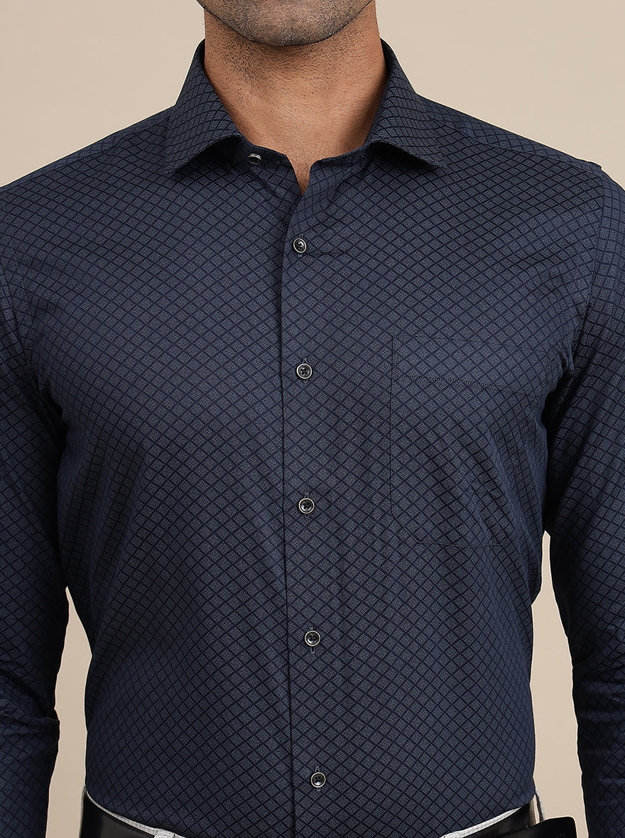 Navy Blue Printed Slim Fit Formal Shirt | Greenfibre