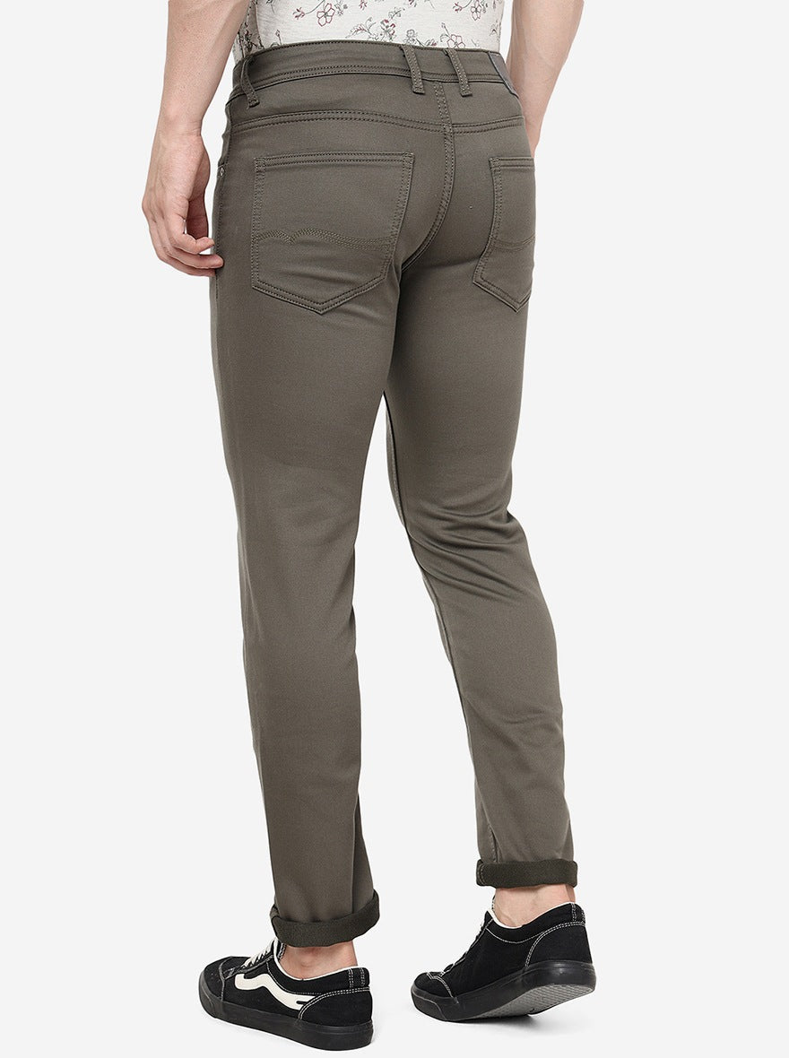 Olive Green Solid Narrow Fit Jeans | Greenfibre