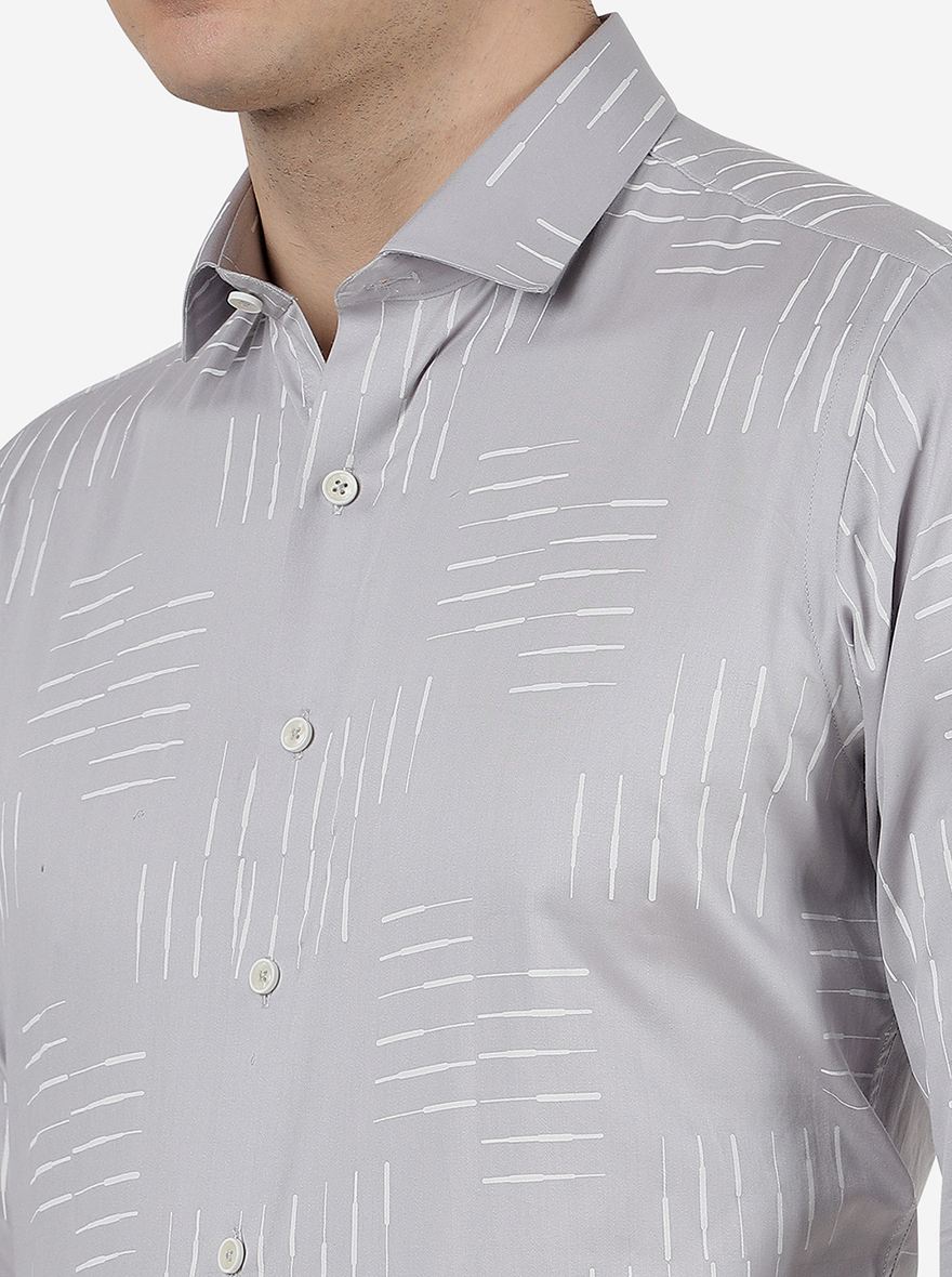 Grey Printed Slim Fit Party Wear Shirt | Greenfibre