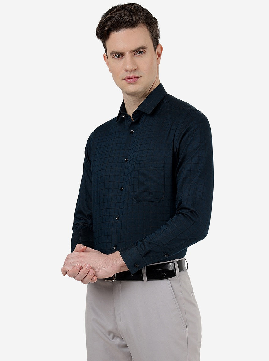 Peacock Blue Checked Slim Fit Party Wear Shirt | Greenfibre