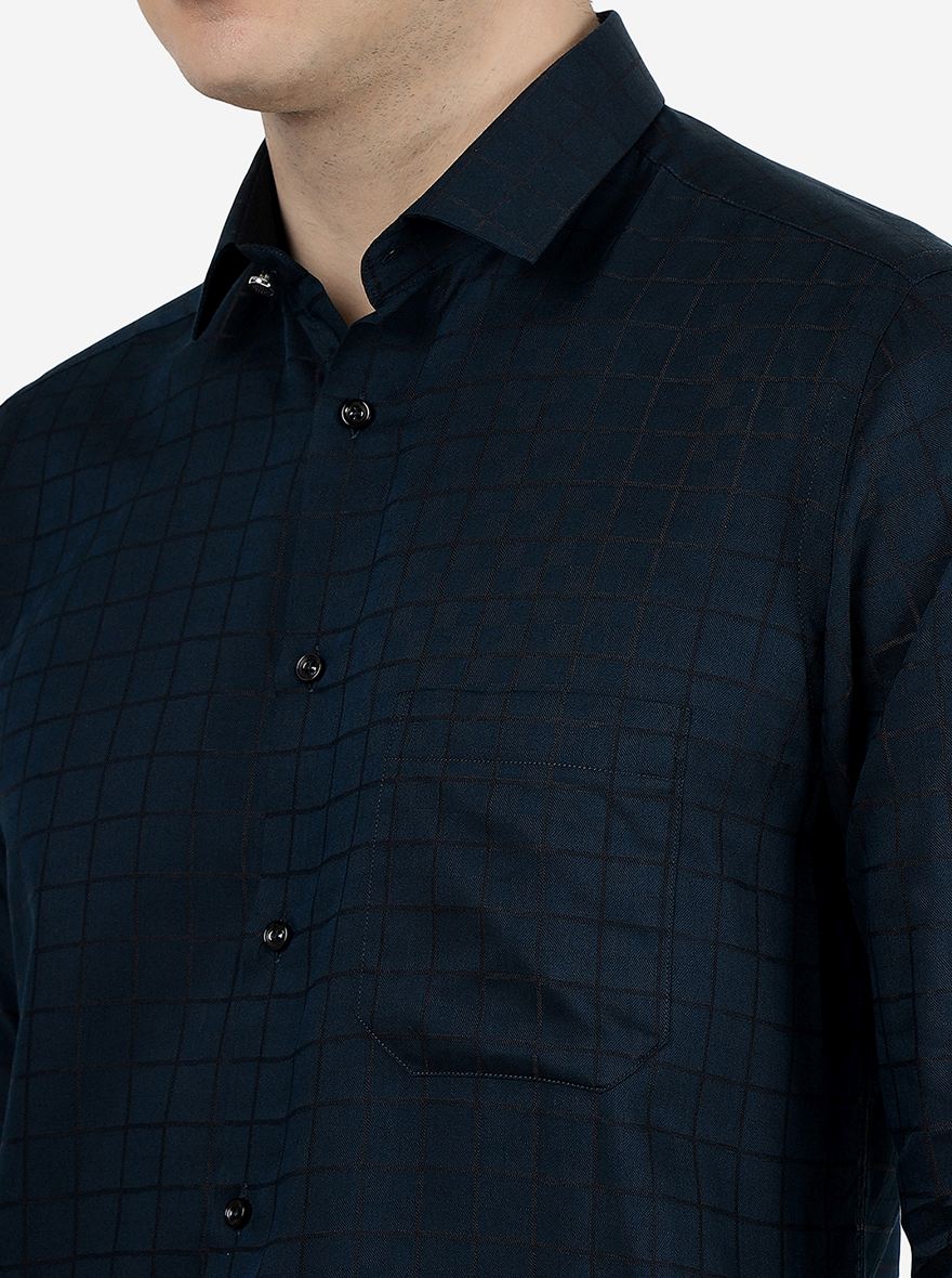 Peacock Blue Checked Slim Fit Party Wear Shirt | Greenfibre