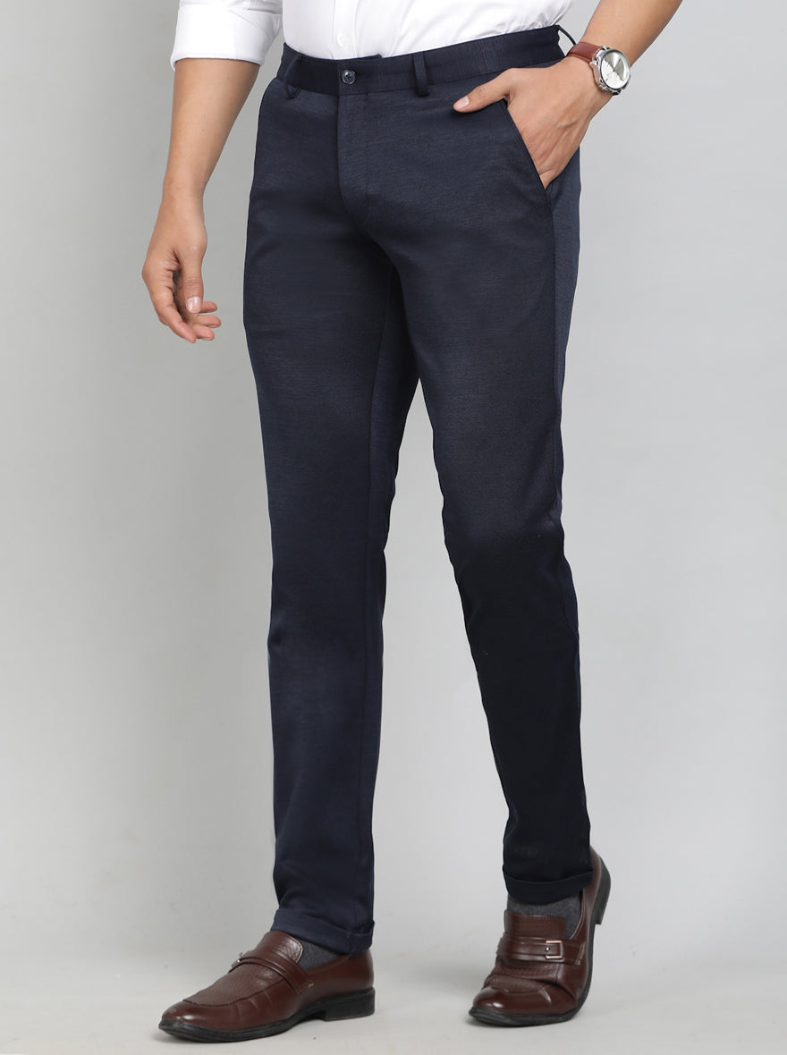 Navy Blue Solid Slim Fit Club Wear Trouser | Greenfibre