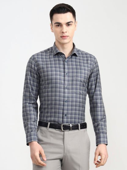 Dark Blue Checked Slim Fit Formal Shirt | Greenfibre