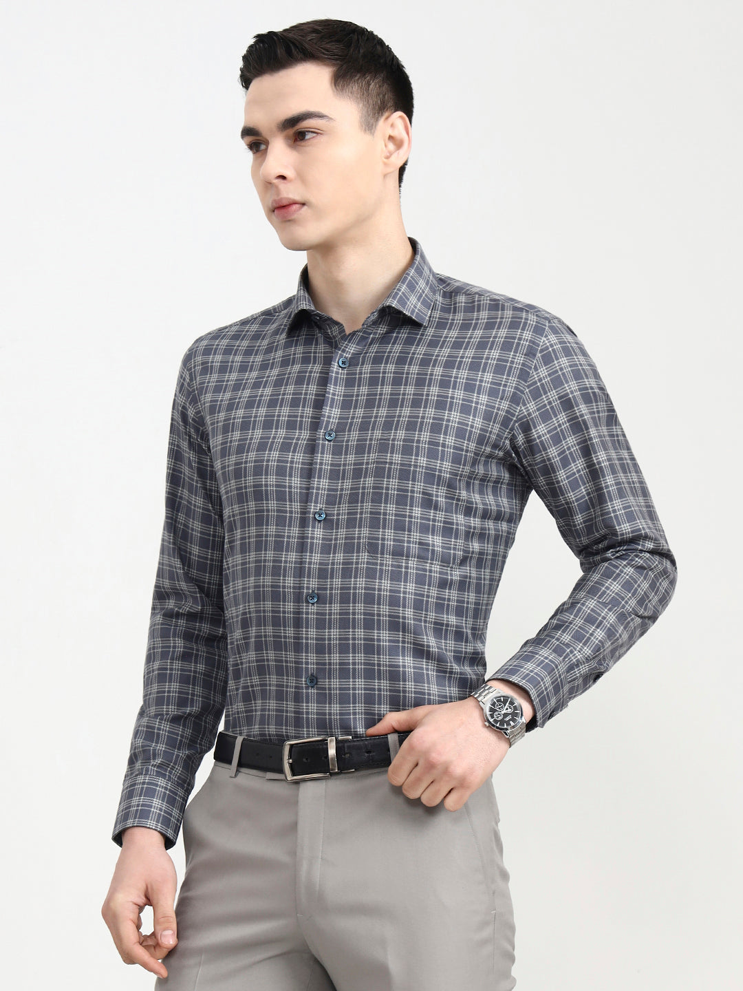Dark Blue Checked Slim Fit Formal Shirt | Greenfibre