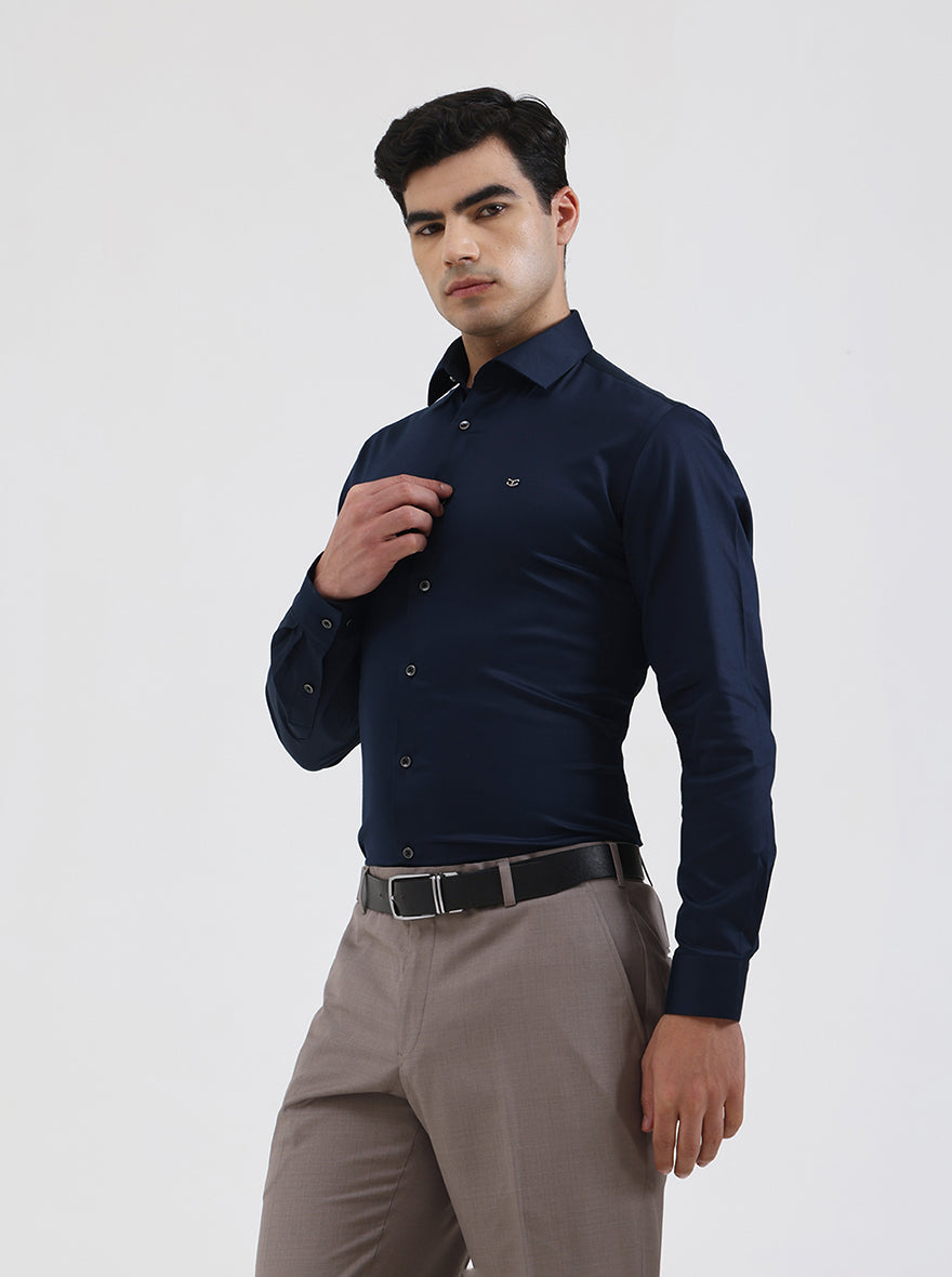 Navy Blue Solid Slim Fit Party Wear Shirt | Greenfibre