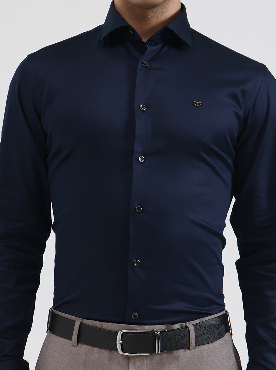 Navy Blue Solid Slim Fit Party Wear Shirt | Greenfibre