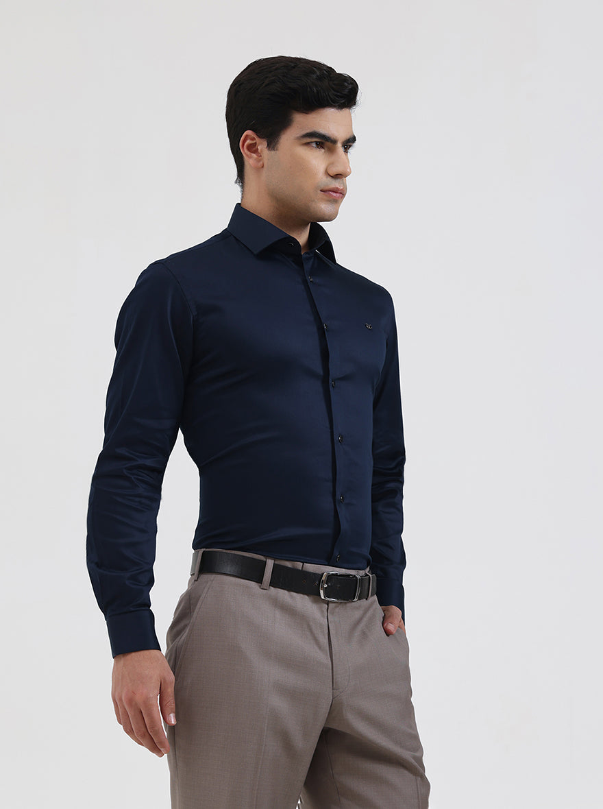 Navy Blue Solid Slim Fit Party Wear Shirt | Greenfibre