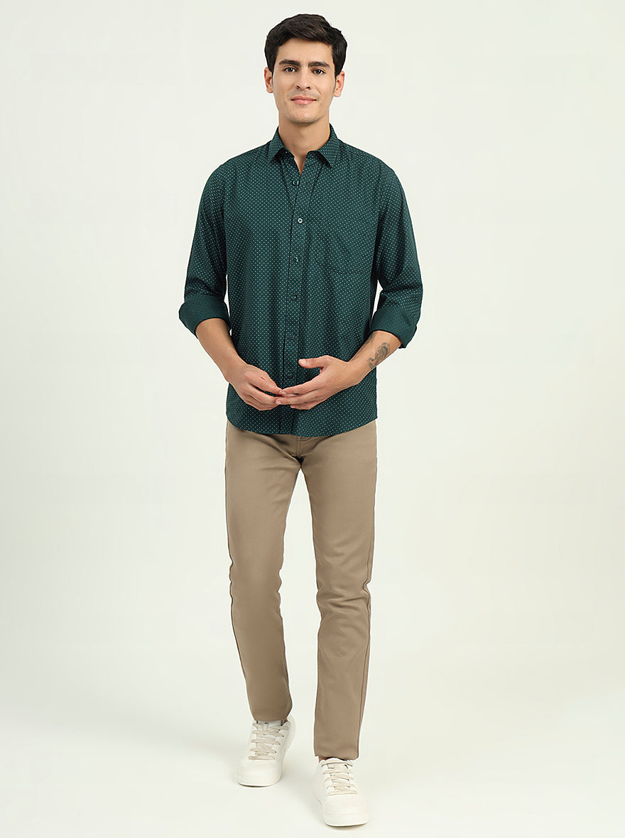 Bottle Green Printed Slim Fit Semi Casual Shirt | Greenfibre