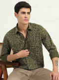 Olive Green Printed Slim Fit Semi Casual Shirt | Greenfibre