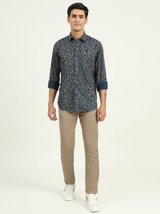 Navy Blue Printed Slim Fit Semi Casual Shirt | Greenfibre