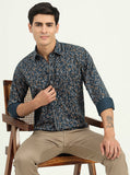 Navy Blue Printed Slim Fit Semi Casual Shirt | Greenfibre