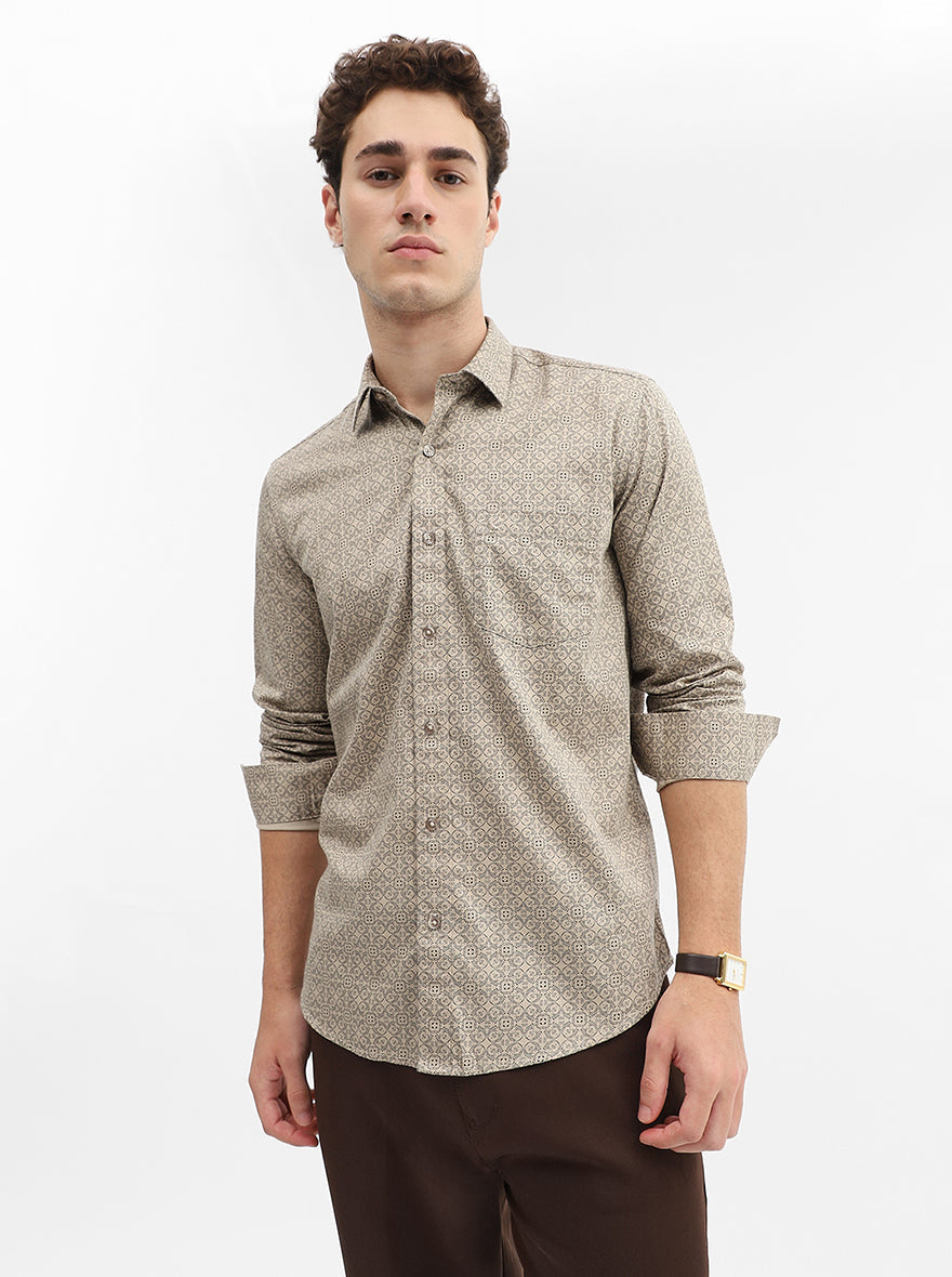 Beige Printed Smart Fit Semi Casual Shirt | Greenfibre