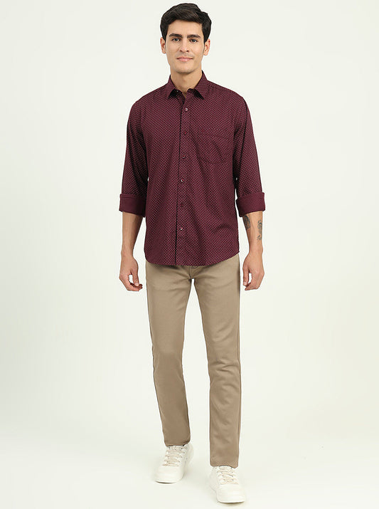 Wine Printed Slim Fit Semi Casual Shirt | Greenfibre