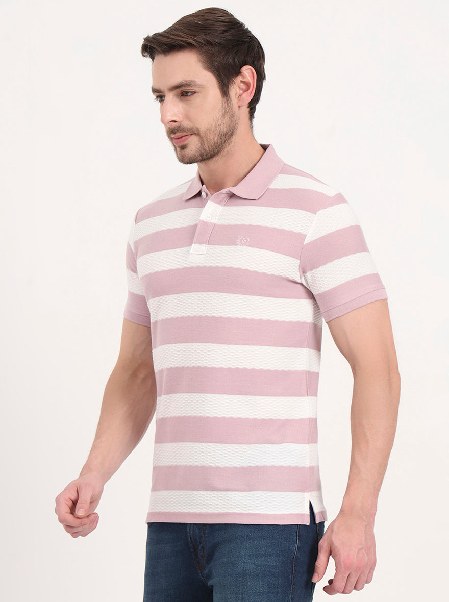 White & Mauve Striped Slim Fit Polo T-Shirt | Greenfibre