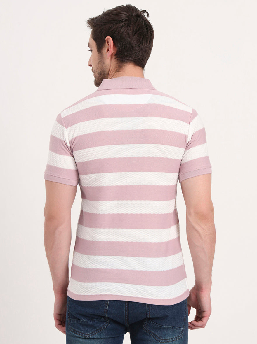 White & Mauve Striped Slim Fit Polo T-Shirt | Greenfibre