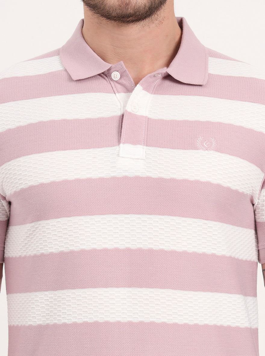 White & Mauve Striped Slim Fit Polo T-Shirt | Greenfibre