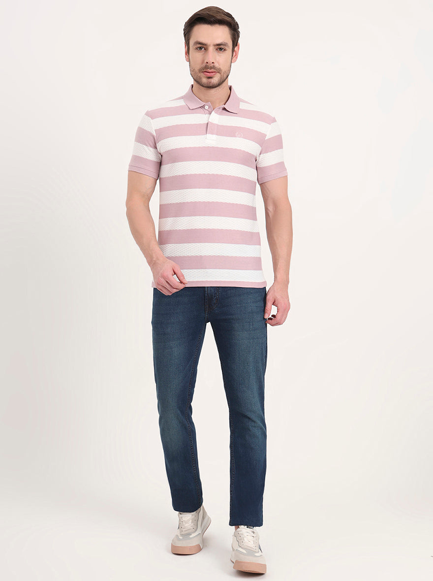 White & Mauve Striped Slim Fit Polo T-Shirt | Greenfibre