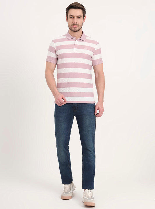 White & Mauve Striped Slim Fit Polo T-Shirt | Greenfibre