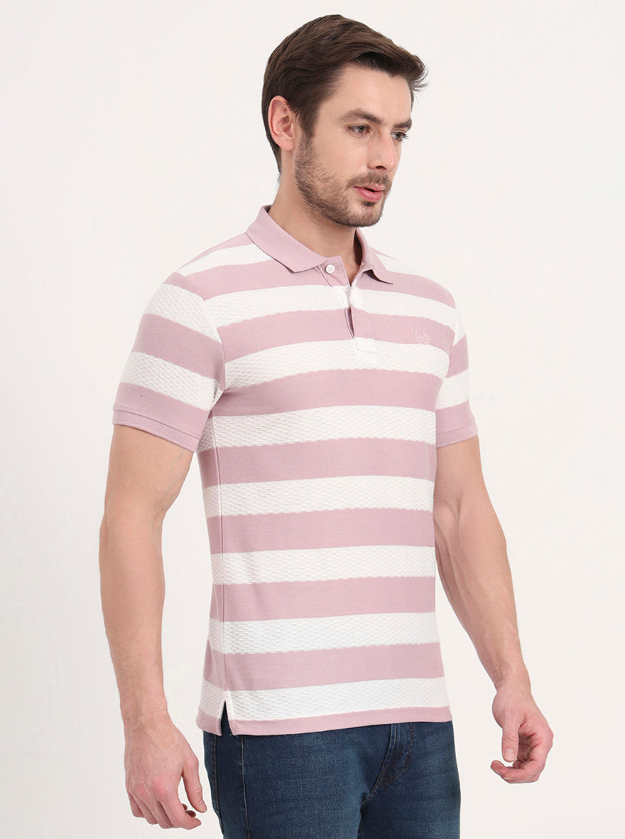 White & Mauve Striped Slim Fit Polo T-Shirt | Greenfibre