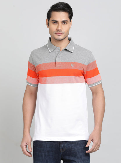 Orange Striped Slim Fit Polo T-Shirt | Greenfibre