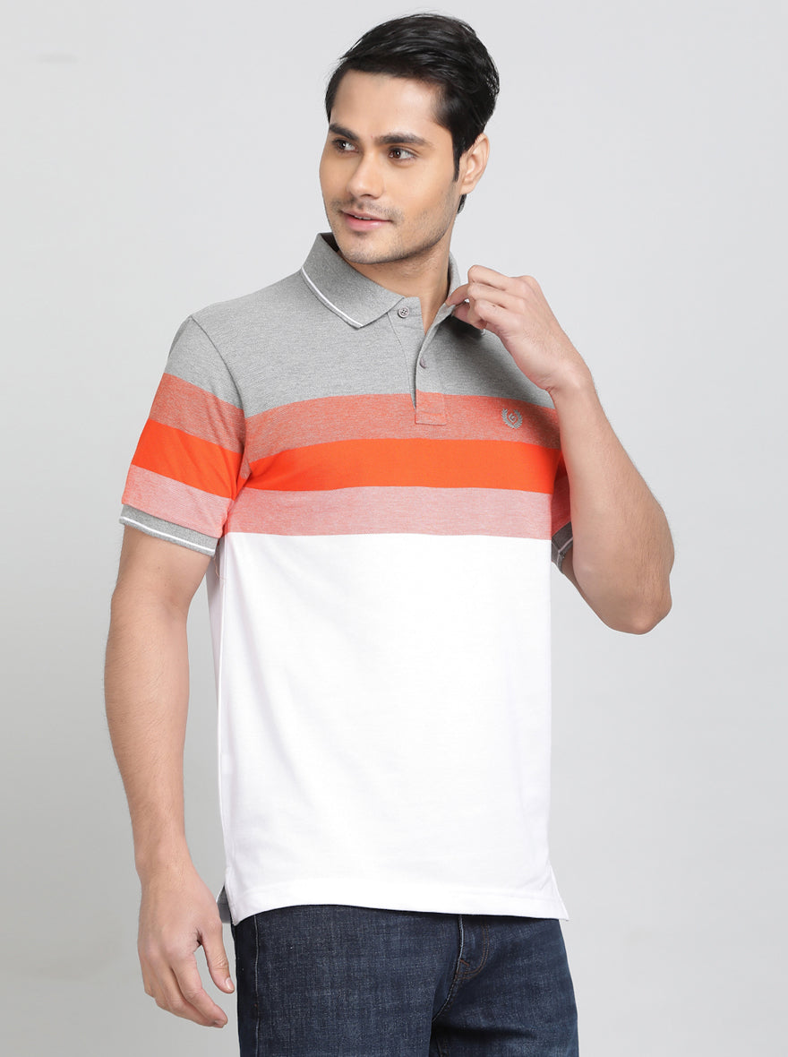 Orange Striped Slim Fit Polo T-Shirt | Greenfibre