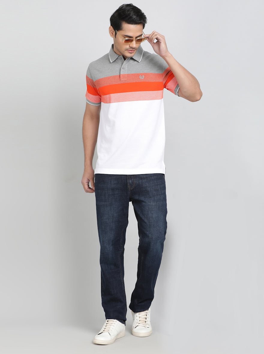 Orange Striped Slim Fit Polo T-Shirt | Greenfibre