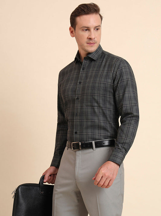 Dark Green Checked Regular Fit Formal Shirt | Greenfibre