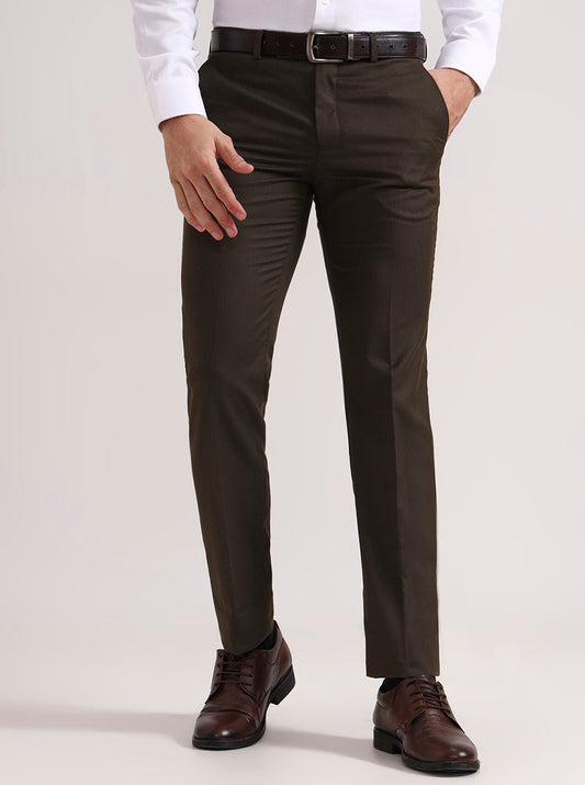Olive Brown Solid Slim Fit Formal Trouser | Greenfibre