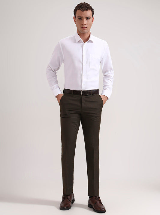 Olive Brown Solid Slim Fit Formal Trouser | Greenfibre