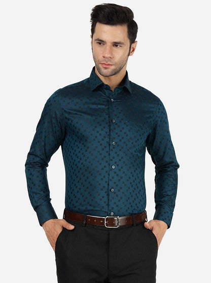 Peacock Blue Printed Slim Fit Formal Shirt | Greenfibre