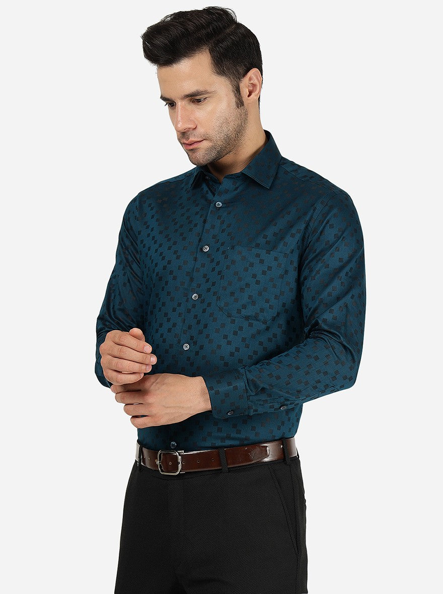 Peacock Blue Printed Slim Fit Formal Shirt | Greenfibre