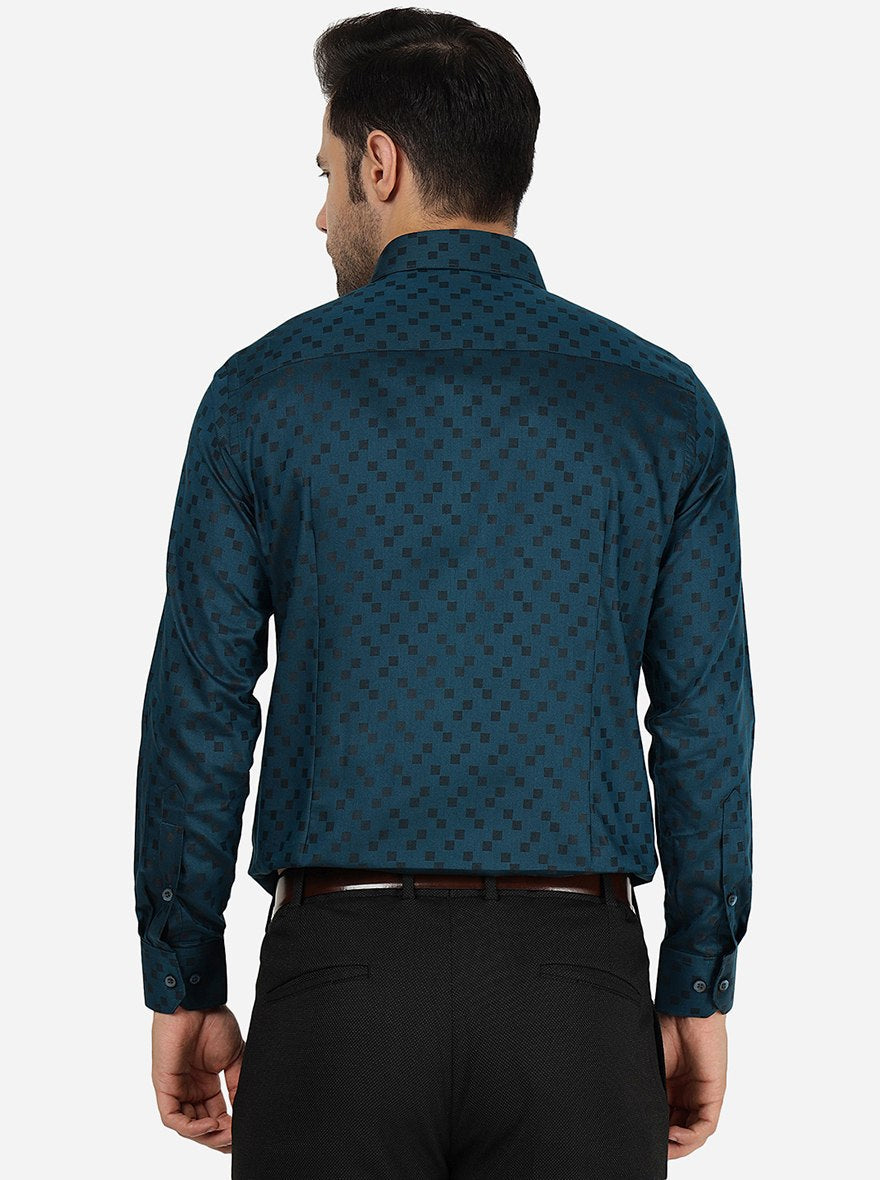 Peacock Blue Printed Slim Fit Formal Shirt | Greenfibre