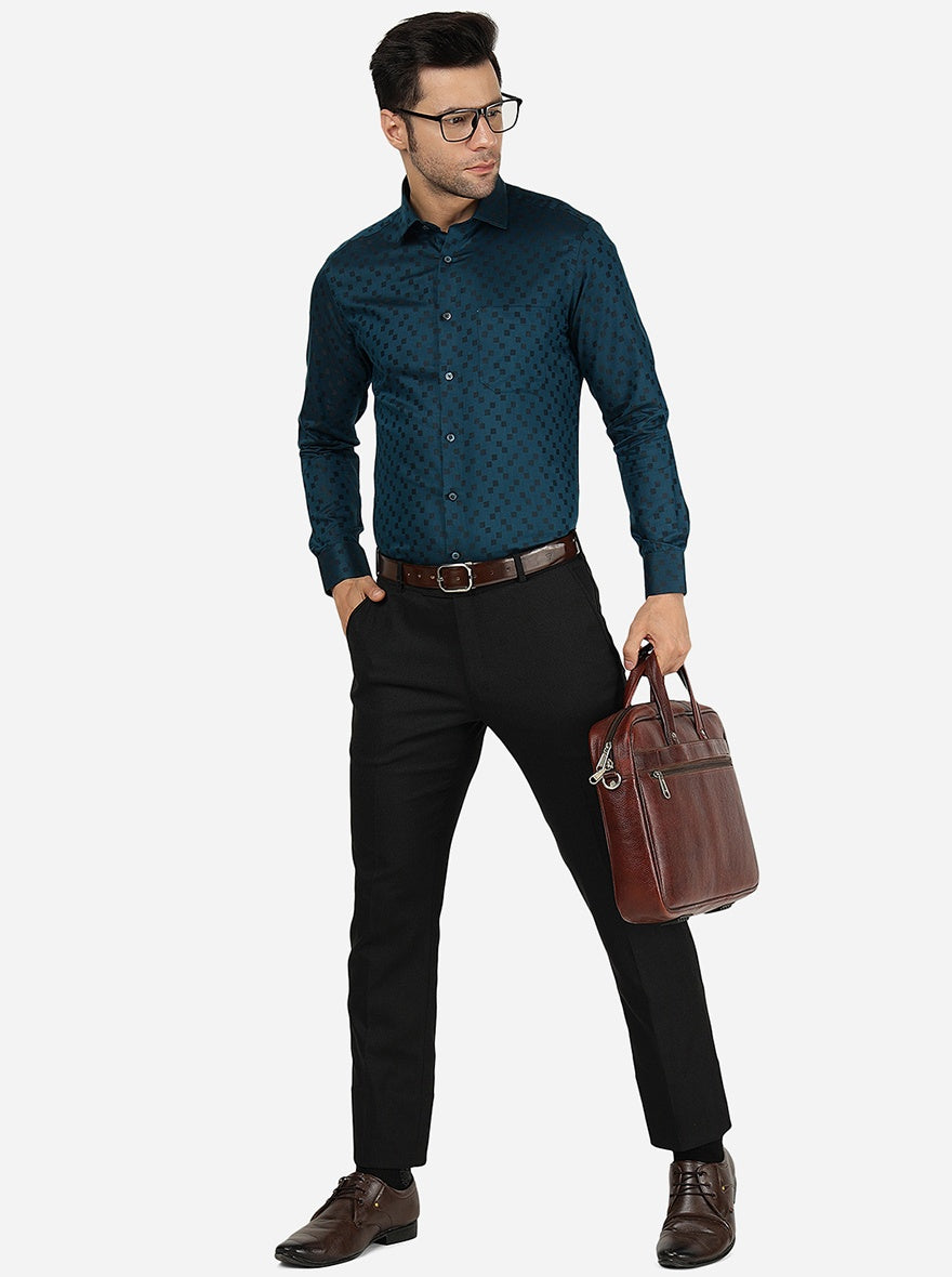 Peacock Blue Printed Slim Fit Formal Shirt | Greenfibre