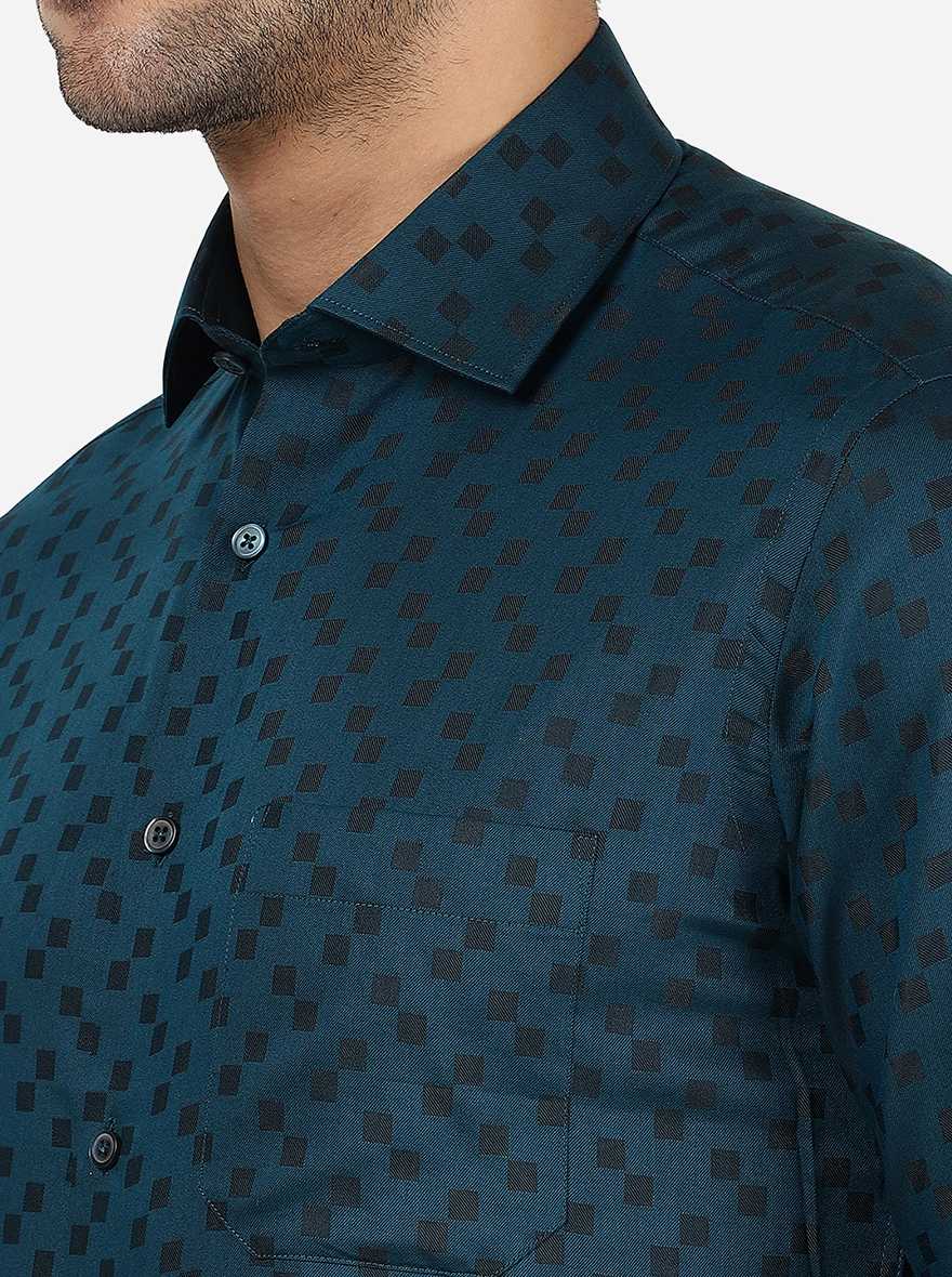 Peacock Blue Printed Slim Fit Formal Shirt | Greenfibre