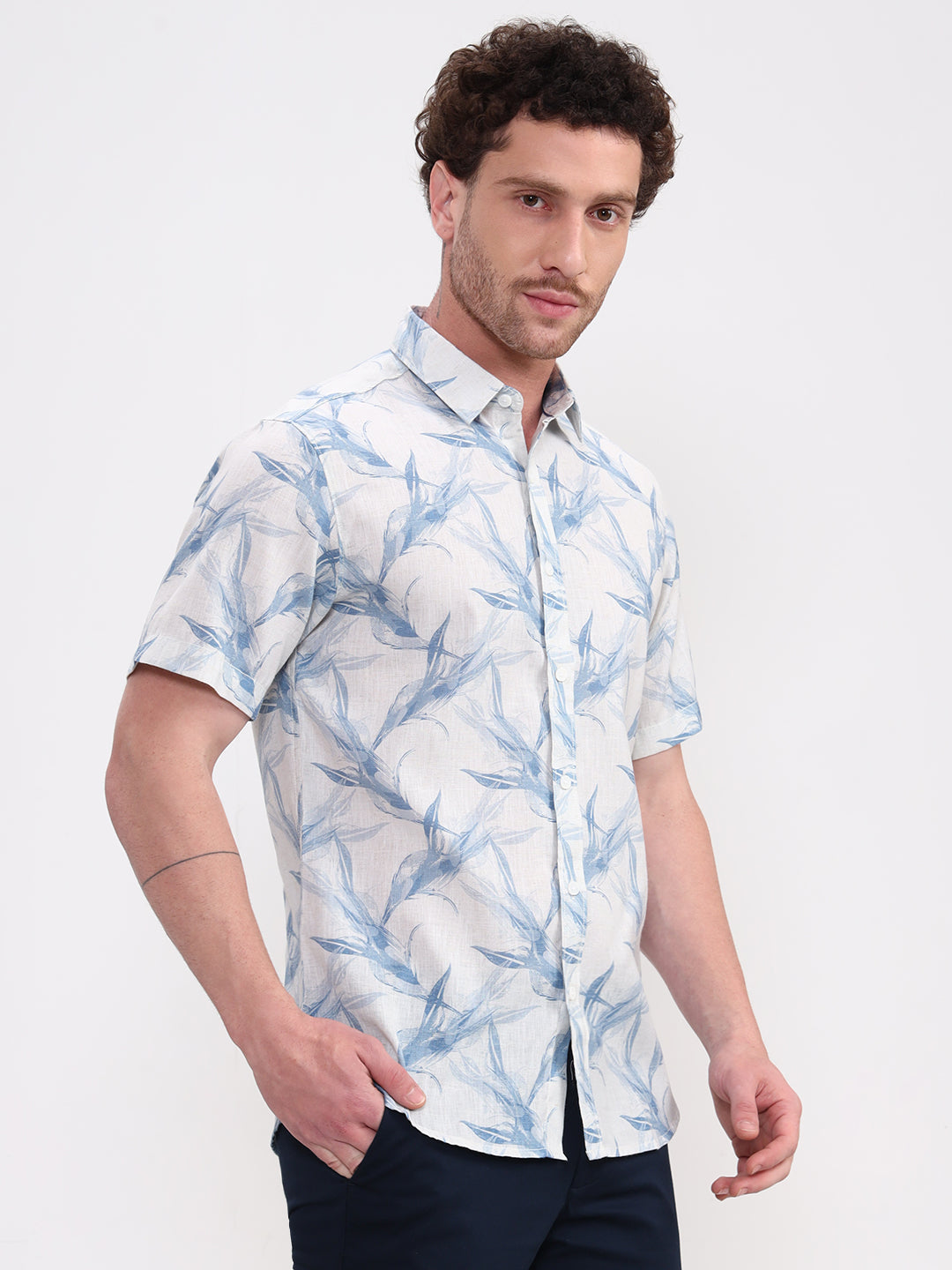Blue Printed Slim Fit Casual Shirt | Greenfibre